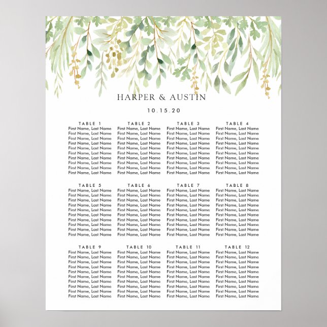 Póster Tabla de asientos de Bodas botánicos de follaje ve (Frente)
