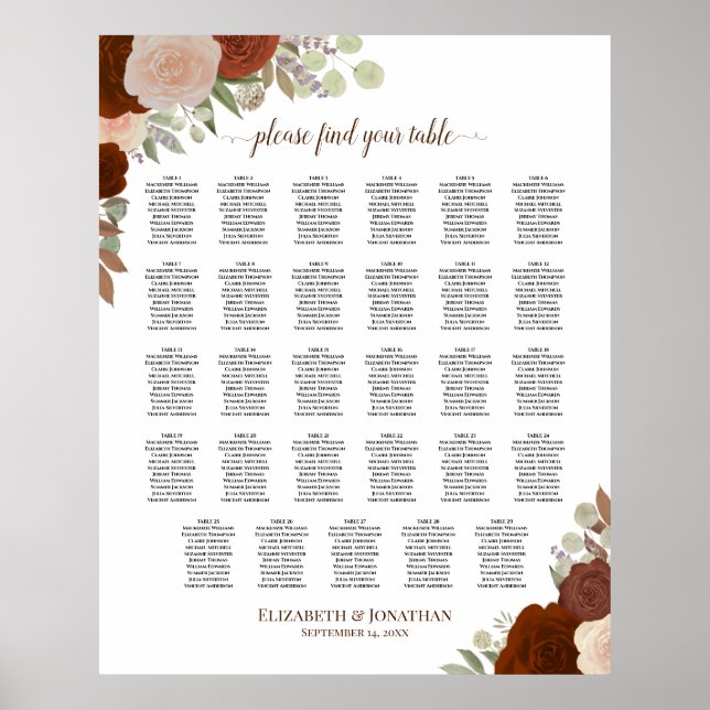 Póster Tabla de asientos de Bodas de Boho floral otoñal (Frente)