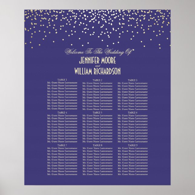 Póster Tabla de asientos de Bodas de confetti de oro (Frente)