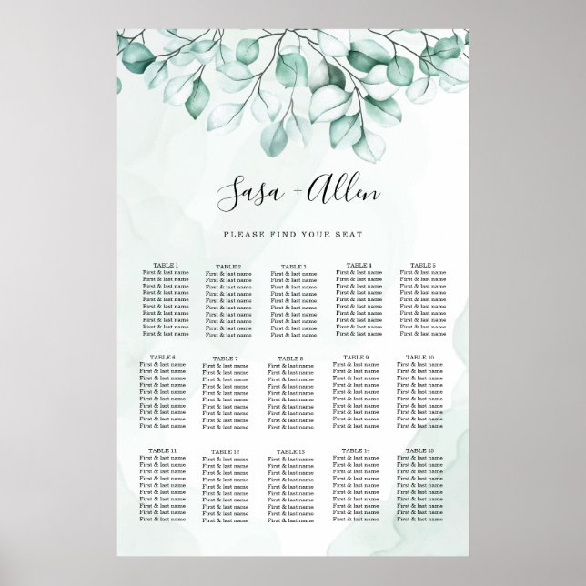 Póster Tabla de asientos de Bodas de eucalipto verde (Frente)
