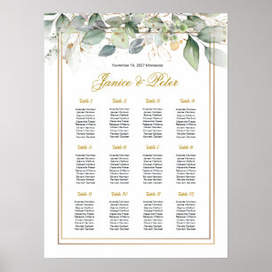 Póster Tabla de asientos de Bodas de follaje verde y dora