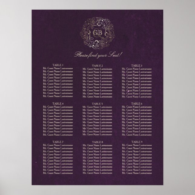 Póster Tabla de asientos de Bodas de guirnaldas florales  (Frente)
