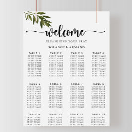 Póster Tabla de asientos de Bodas de hojas verdes botánic