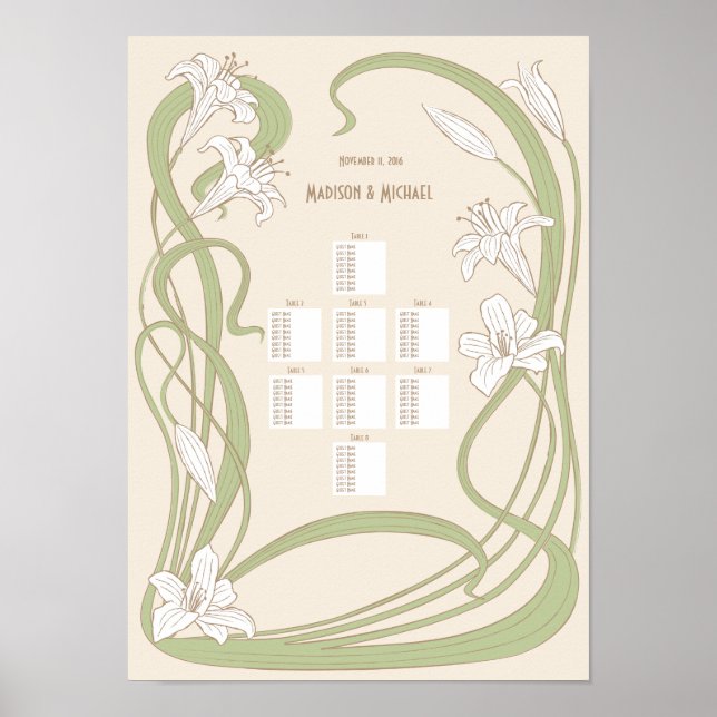 Póster Tabla de asientos de Bodas de ilios blancos 8 Tabl (Frente)
