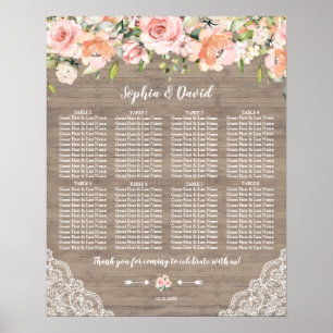 Póster Tabla de asientos de Bodas de madera de encaje de