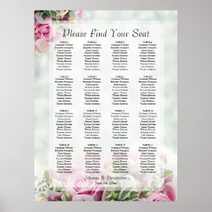 Póster Tabla de asientos de Bodas de mesa de rosas rosa 1
