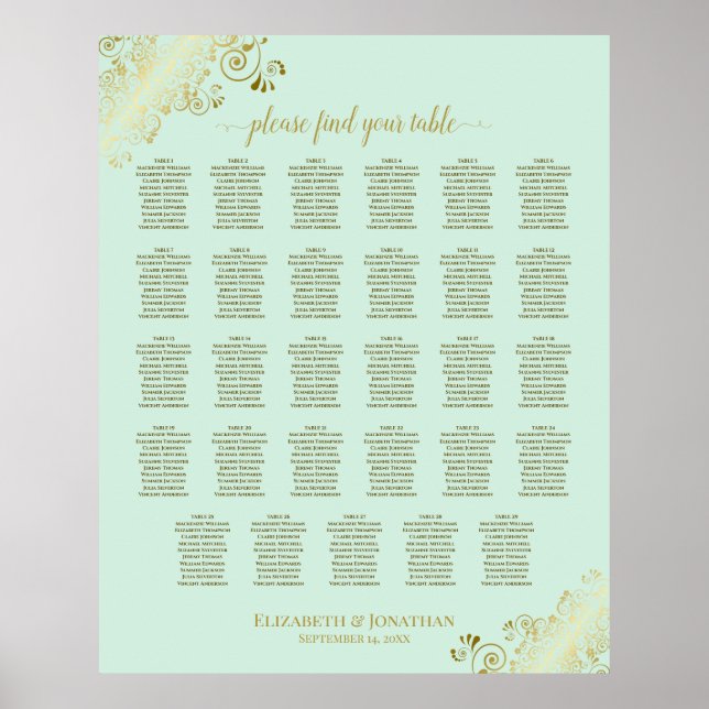 Póster Tabla de asientos de Bodas de mesa Gold & Mint Gre (Frente)