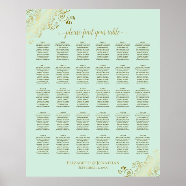 Póster Tabla de asientos de Bodas de mesa Gold & Mint Gre (Frente)