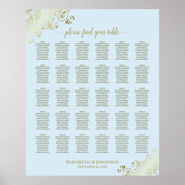 Póster Tabla de asientos de Bodas de mesa Gold & Powder B (Frente)