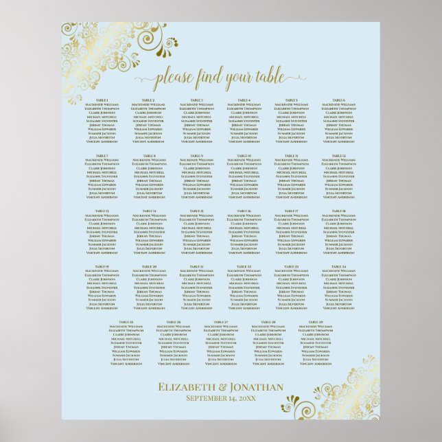 Póster Tabla de asientos de Bodas de mesa Gold & Powder B (Frente)