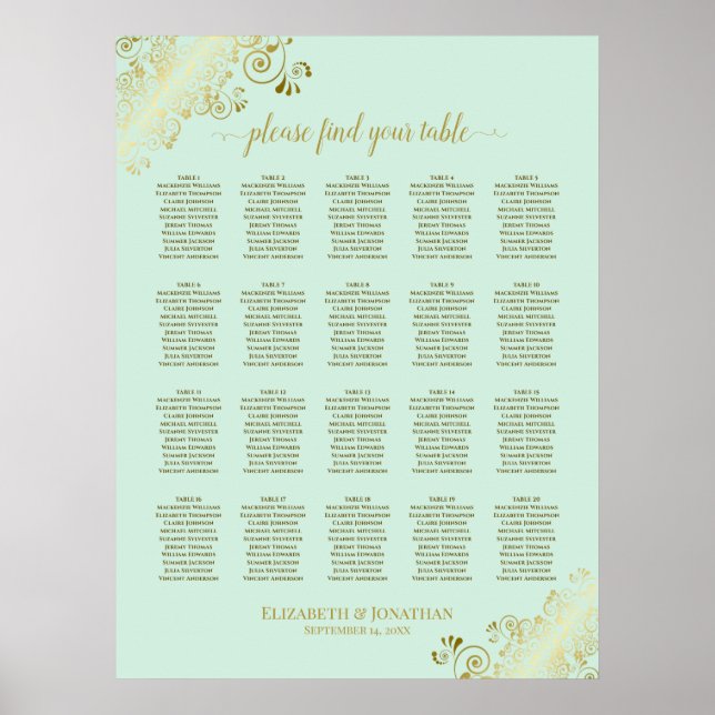 Póster Tabla de asientos de Bodas de mesa Mint Green & Go (Frente)