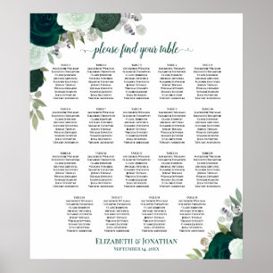 Póster Tabla de asientos de Bodas de Moda floral esmerald