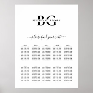 Póster Tabla de asientos de Bodas de monograma blanco y n