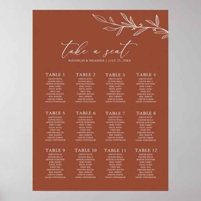 Póster Tabla de asientos de Bodas de Naranjas Quemados de (Frente)
