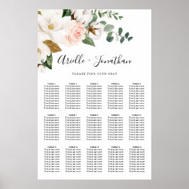 Póster Tabla de asientos de Bodas florales blancos y rosa