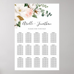 Póster Tabla de asientos de Bodas florales blancos y rosa