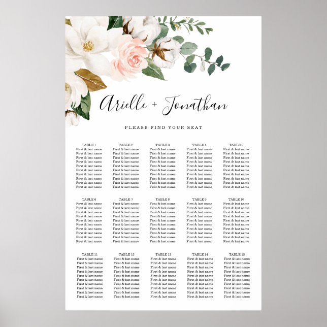 Póster Tabla de asientos de Bodas florales blancos y rosa (Frente)