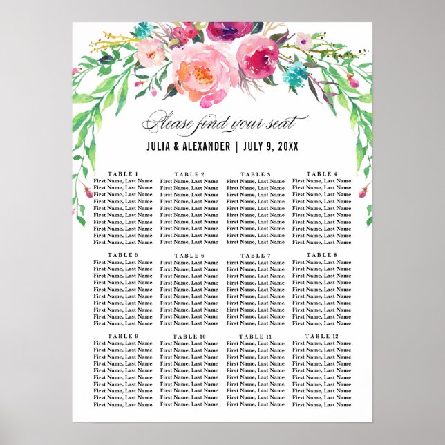 Póster Tabla de asientos de Bodas florales bohemios (Frente)