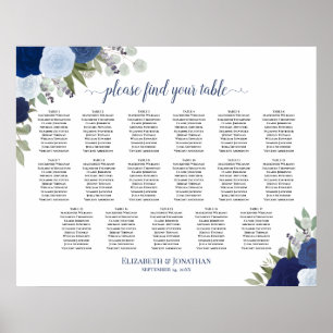 Póster Tabla de asientos de Bodas florales de Boho azul