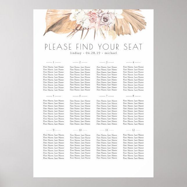 Póster Tabla de asientos de Bodas florales de follaje tro (Frente)
