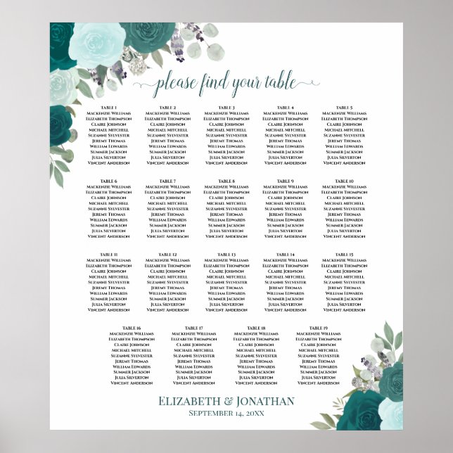 Póster Tabla de asientos de Bodas florales de mesa Verde  (Frente)
