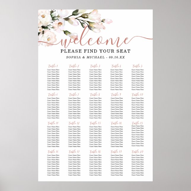 Póster Tabla de asientos de Bodas florales de Rubor (Frente)