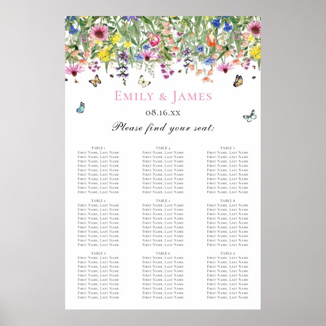 Póster Tabla de asientos de Bodas florales de verano (Frente)