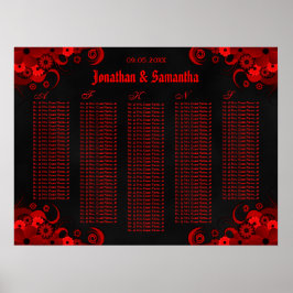 Póster Tabla de asientos de Bodas florales negros y rojos