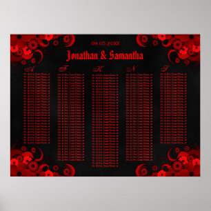 Póster Tabla de asientos de Bodas florales negros y rojos