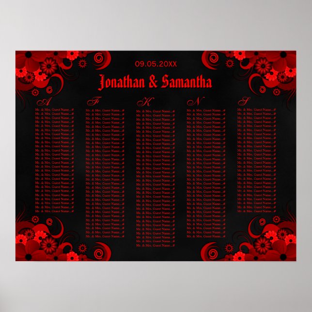 Póster Tabla de asientos de Bodas florales negros y rojos (Frente)