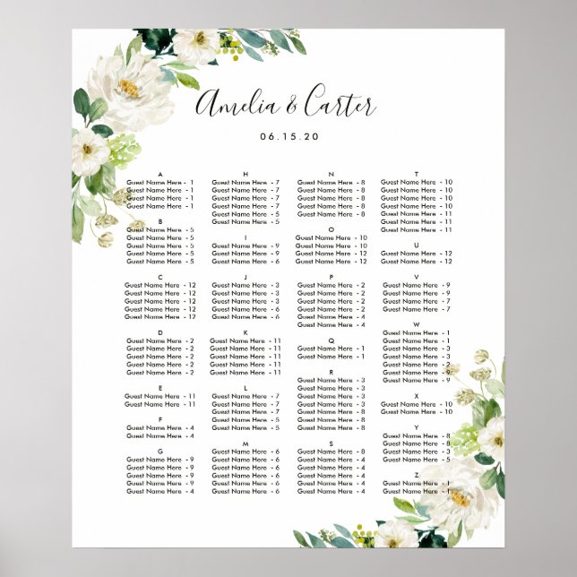 Póster Tabla de asientos de Bodas florales por orden ALFA (Frente)