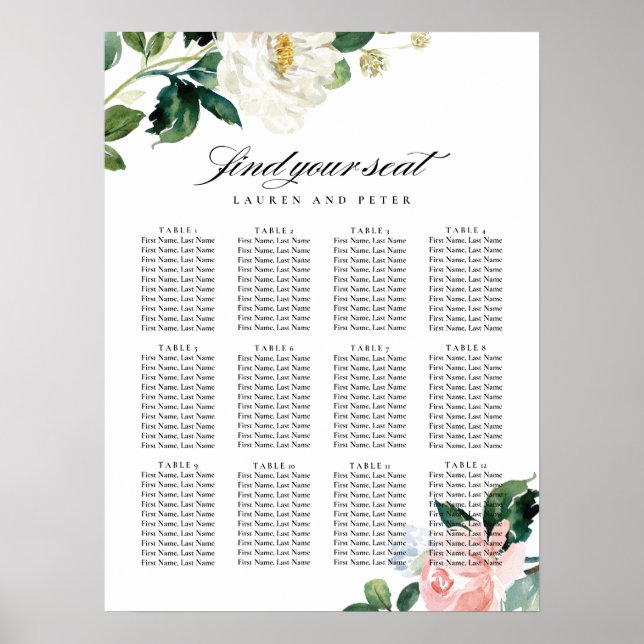 Póster Tabla de asientos de Bodas florales rosados Rubor (Frente)