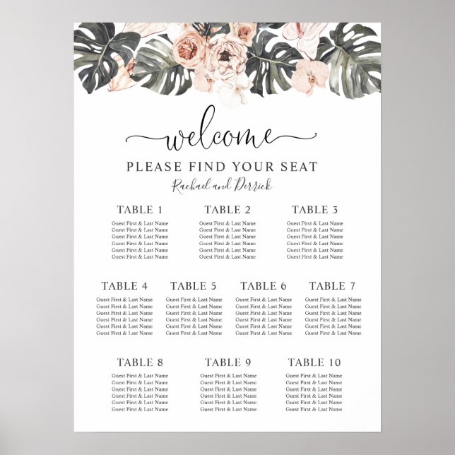 Póster Tabla de asientos de Bodas florales tropicales Boh (Frente)