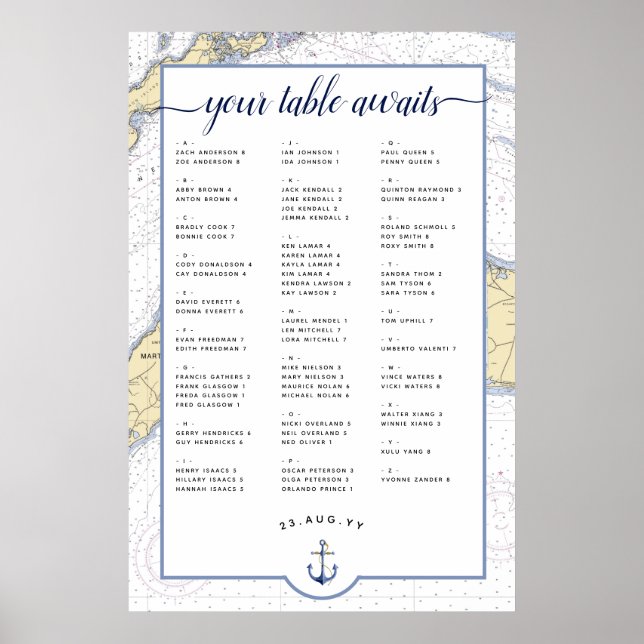 Póster Tabla de asientos de Bodas náuticos | Viñedo de Ma (Frente)