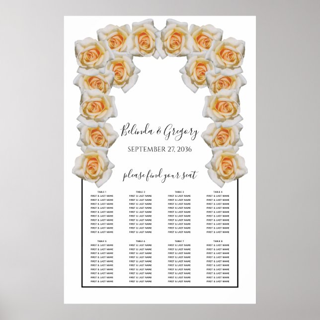 Póster Tabla de asientos de Bodas Rosas naranjas (Frente)