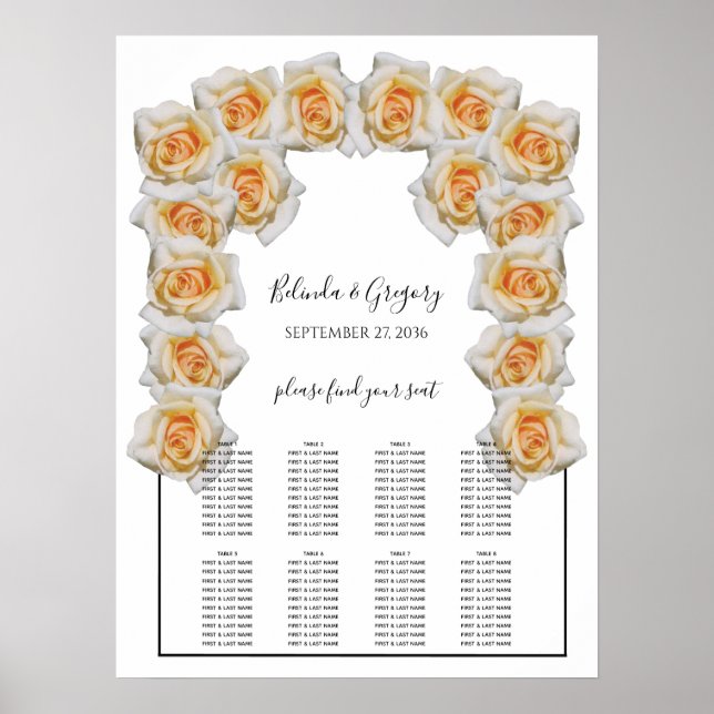 Póster Tabla de asientos de Bodas Rosas naranjas (Frente)
