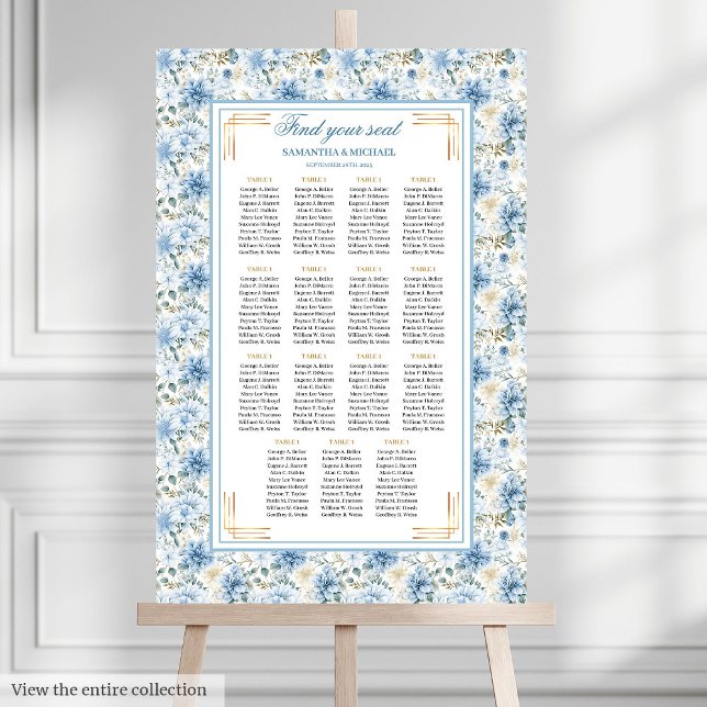 Póster Tabla de asientos de Boho de oro azul oxidado romá (Romantic Dusty Blue Gold Boho Seating Chart)