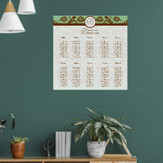 Póster Tabla de asientos de damasquetes verde de menta 10