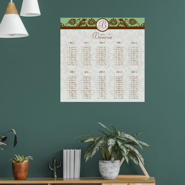 Póster Tabla de asientos de damasquetes verde de menta 10 (Salón 1)