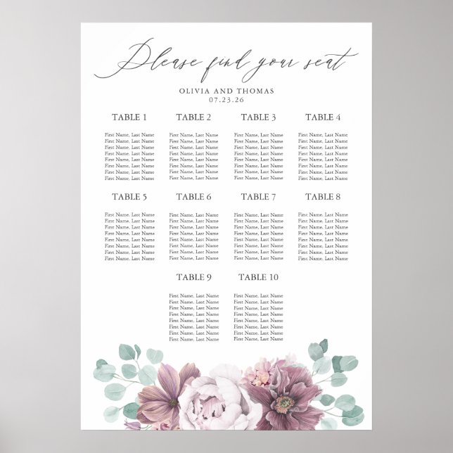 Póster Tabla de asientos de flores malvas y Bodas de euca (Frente)