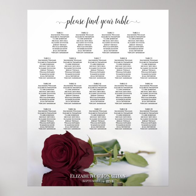 Póster Tabla de asientos de la Boda de mesa de la Rosa Ro (Frente)