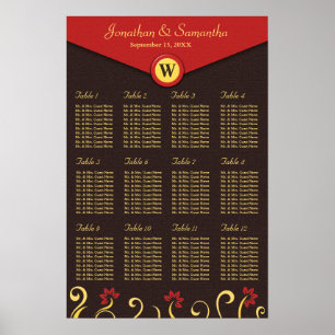 Póster Tabla de asientos de la mesa de Swirls Rojo Marrón