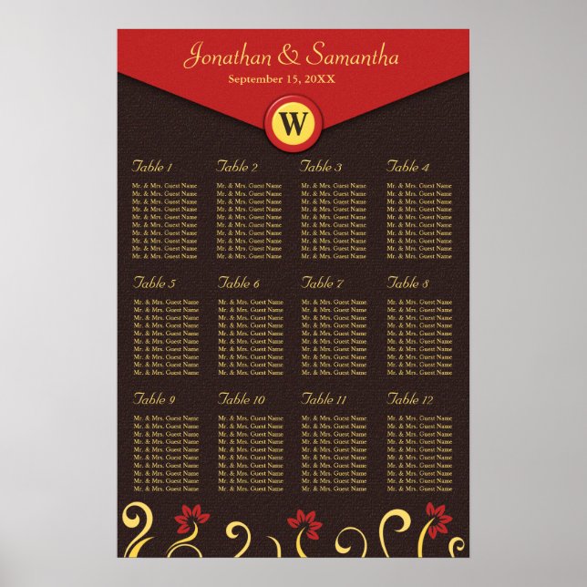 Póster Tabla de asientos de la mesa de Swirls Rojo Marrón (Frente)