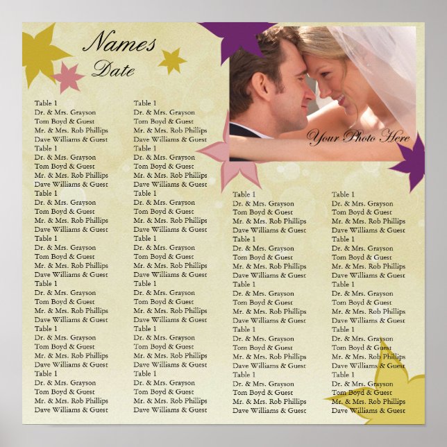 Póster Tabla de asientos de la recepción con su foto (Frente)