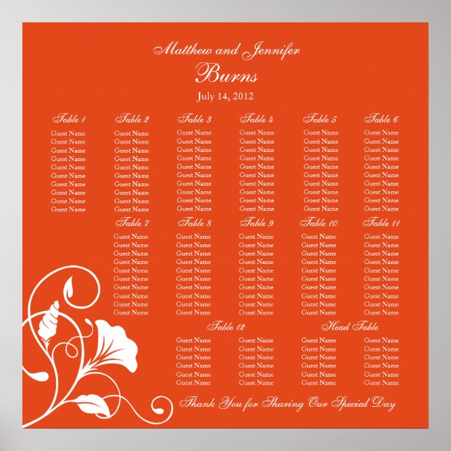 Póster Tabla de asientos de la recepción de boda cuadrada (Frente)