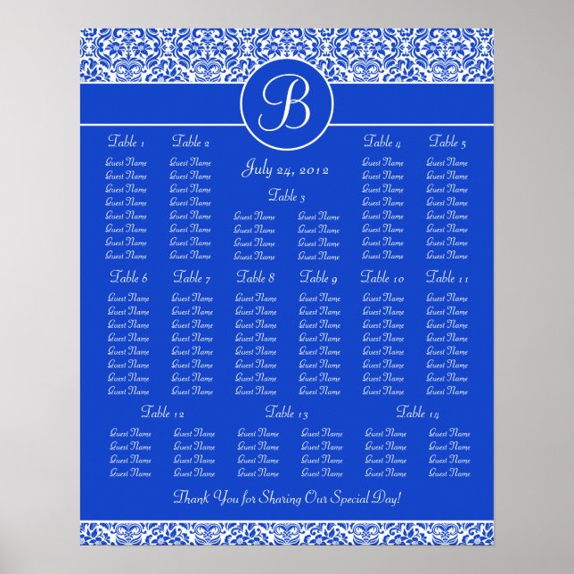 Póster Tabla de asientos de la recepción de la boda azul  (Frente)