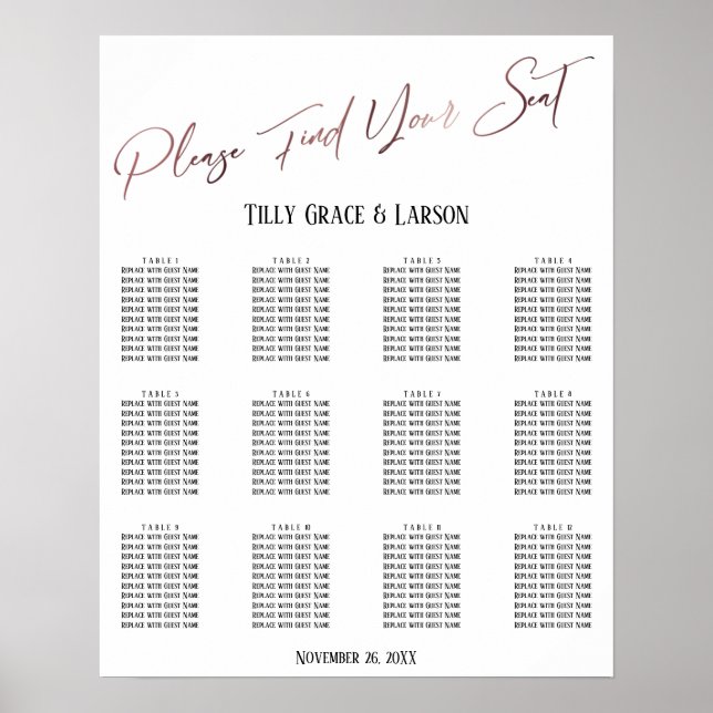 Póster Tabla de asientos de la recepción de la Boda de Or (Frente)