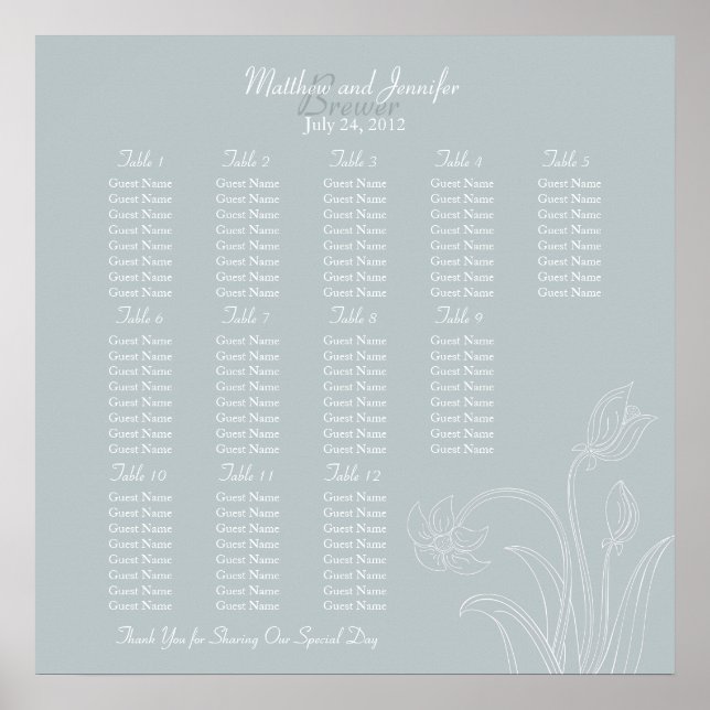 Póster Tabla de asientos de la recepción de la boda flora (Frente)