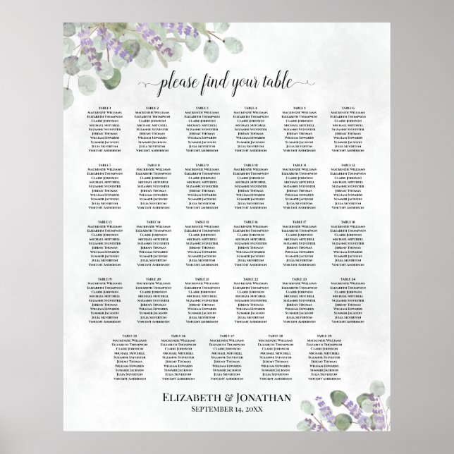 Póster Tabla de asientos de lavanda Eucalyptus 29 Bodas d (Frente)