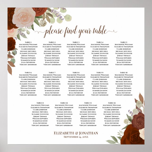 Póster Tabla de asientos de los Rosas del otoño de Boho B (Frente)